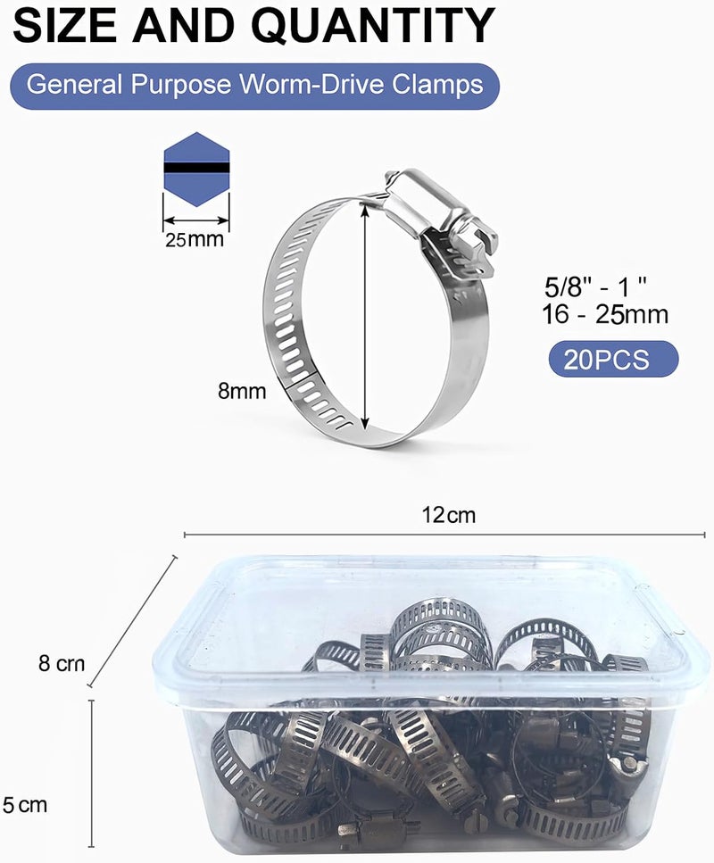Haespot Hose Clamps 20PCS, Stainless Steel, Radiator Hose Clamps, Small size, 5/8– 1"(16-25mm) Worm Gear Hose Clamp Kit,Small Metal Pipe Clamp Set for Automotive,Plumbing,Intercooler - Image 2